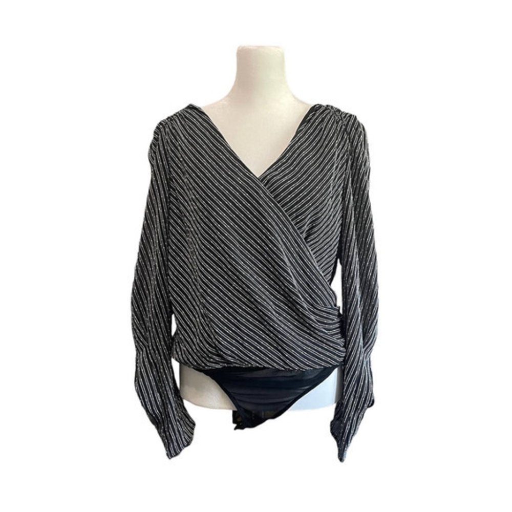 ASTR The Label Black and White V-Neck Long-sleeved Bodysuit‎ Size Large